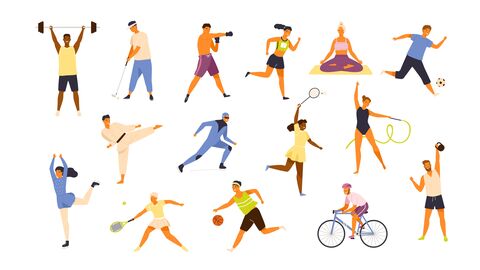 Europäische Woche des Sports Auf einem weißen Hintergrund sind fünfzehn gezeichnete Figuren zu sehen, die verschiedene Sportarten durchführen wie z.B. Radfahren, Basketball, Gewichtsheben, Yoga, etc.