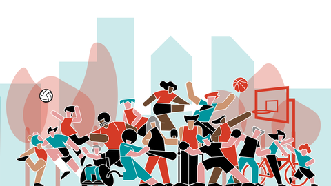 Auf dieser grafischen Darstellung sind im Vordergrund mehrere Menschen unterschiedlichen Alters, mit und ohne Beeinträchtigungen zu sehen, die sich aktiv bewegen bzw. unterschiedliche Sportarten umsetzen. Im Hintergrund sind sowohl Bäume und eine Skyline zu sehen.