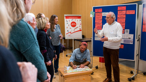 Lebensweltexperte Dr. Harald Seehausen (SG Bornheim 1945 e.V. Grün-Weiß) und Lebensweltmoderation Tim Döring (Sportjugend Hessen) im Austausch mit den Teilnehmenden (Lebenswelt: (Sport)Verein) Mehrere Personen diskutieren an Pinnwand