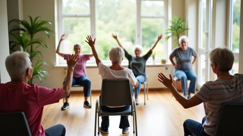 ältere Menschen machen Bewegungsübungen im Stuhlkreis