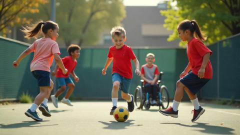 Kinder spielen Ball auf einem Schulhof 