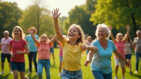Menschen von jung bis alt bewegen sich gemeinsam im Park.
