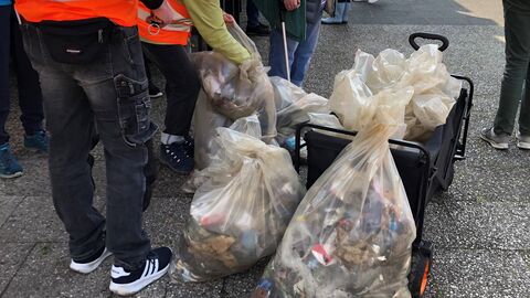 Menschen in Warnwesten sammeln Müll