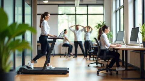Menschen in einem hellen, bewegungsfreundlichen Büro: Eine Frau arbeitet im stehen, zwei andere Personen machen Dehnübungen im Hintergrund