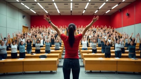 Gruppenleiterin leitet Bewegungsübung im Hörsaal an 