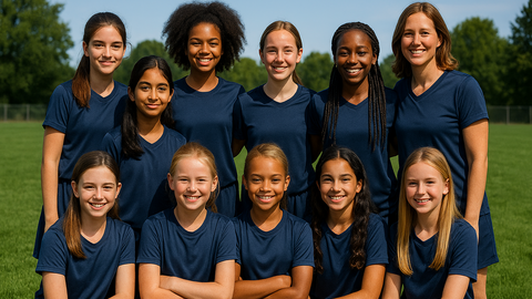Mannschaftsbild von einer diversen Mädchenmannschaft und ener Trainerin