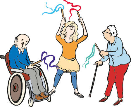 Eine junge Frau zeigt zwei alten Menschen ein Spiel mit Bändern.