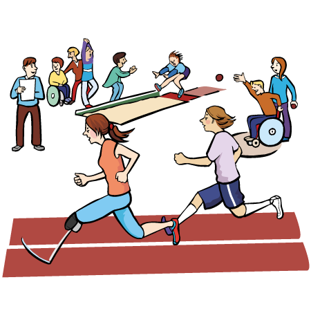 Menschen mit Behinderung beim Sport laufen, springen, werfen